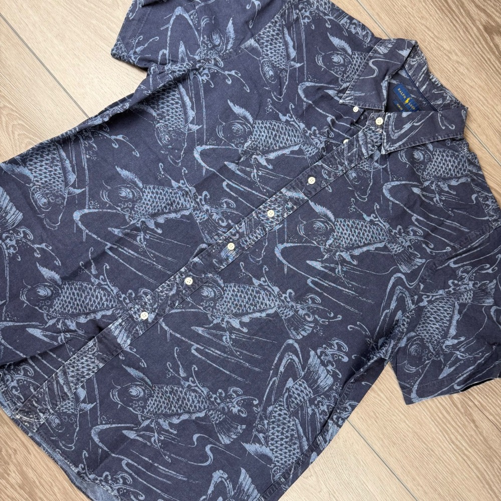 Ralph Lauren Mens Button Down Shirt Koi Fish Print Blue XXL